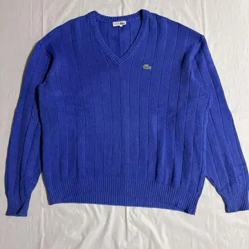 LACOSTE V넥 스웨터 블루 로고 자수 프랑스제 코튼