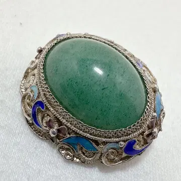 빈티지 SILVER 은선 세공 중국 칠보 브로치 그린 스톤