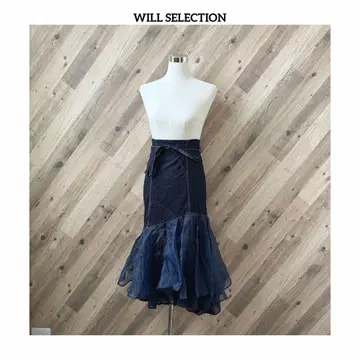 윌셀렉션 밑단 오간자 튤 프릴 데님 롱 스커트