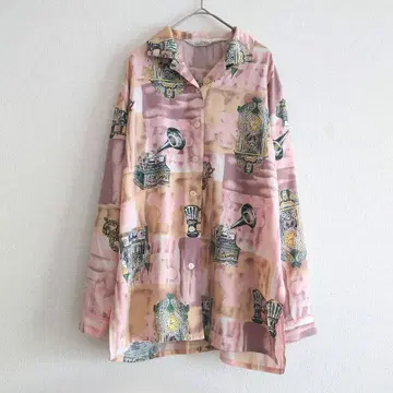 b 쇼와 레트로 악기 패턴 앤티크 셔츠 블라우스 빈티지