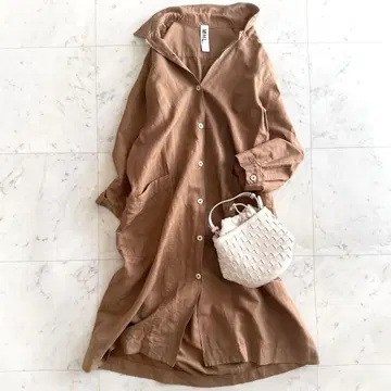 새상품급 MHL. 코튼 린넨 롱 기장 셔츠 원피스 브라운