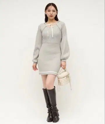 ROYAL PARTY 케이블 배색 리본 후드 미니 원피스