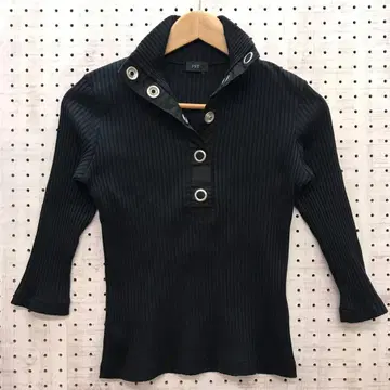 모드 갸루 Y2K 구제 의류 FST 하이넥 타이트 5부 소매 리브 티셔츠