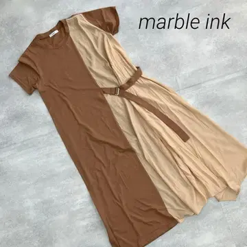 새상품급 마블 잉크 이소재 절개 롱 원피스 반팔 브라운 계열 브라운 벨트