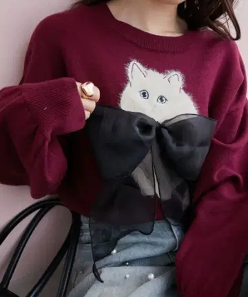 [택 포함 새상품] MAJESTIC LEGON 복슬복슬 고양이 리본 니트