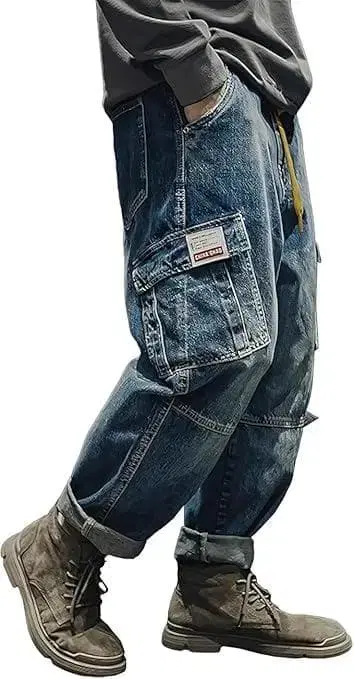 카고 팬츠 남성용 데님 와이드 팬츠 허리밴딩 청바지 배기 팬츠