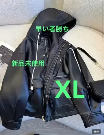 미사용 새상품 블랙 후드 부착 가죽 자켓 XL