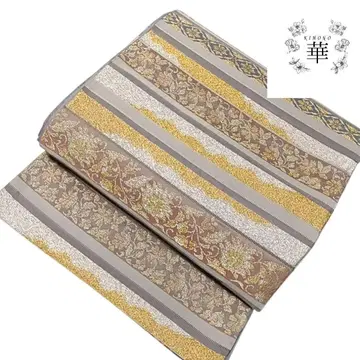 130 화 후쿠로 오비 가로 패턴 당초 양 꽃 금 은 그레이