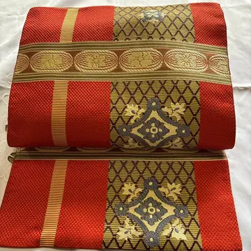 하카타 오리 하치스이 나고야 오비 순수 실크 금실 오렌지 화려한 새상품급