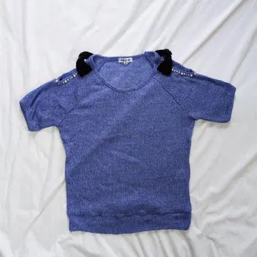 페미닌 지뢰계 갸루 어깨 리본 펄 반팔 니트 M 퍼플 블루