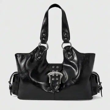 Y2K 그런지 블랙 가죽 토트 벨트 디자인 핸드백 통학백