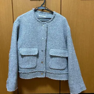 BEAUTY&YOUTH 트위드 프린지 노카라 자켓 그레이