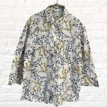 블루 리본 7부 소매 셔츠 면 100% 플라워 무늬 시원한 미모사 여름