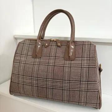 새상품급 악어 핸들 체크 무늬 보스턴 백 여행 가방 브라운 숄더