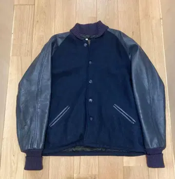 스쿠컴 바시티 자켓 네이비 가죽 울 XL 42