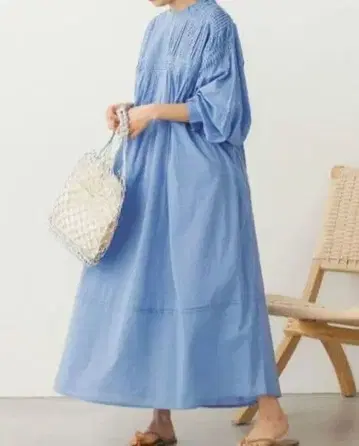 noia 핀턱 롱 원피스 그레이쉬 블루