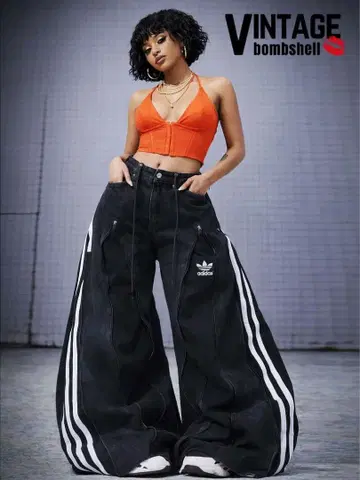 4 지퍼 데님 와이드 팬츠 adidas 구제 의류 리메이크 101319