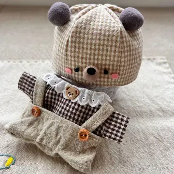 치비누이 하피누이 의류 곰돌이 모자 카페오레&초코색 체크 내추럴