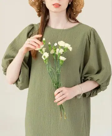 hinari 체크 무늬 퍼프 슬리브 원피스 S 그린