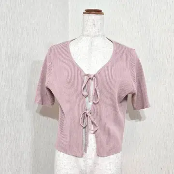INGNI 리브 니트 숏 기장 가디건 반팔 핑크 앞 리본 ( M )
