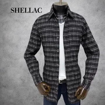 SHELLAC 롱 기장 체크 셔츠 긴팔 셔츠 주름 가공 체크 셔츠