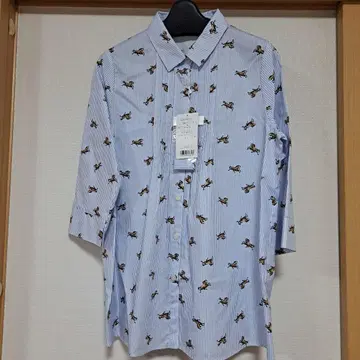 와코루 새상품 자수 장식 파랑 스트라이프 반팔 셔츠