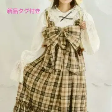 새상품 택 쿠틸과 레트로 리본 뷔스티에 SET 체크 오버롤 스커트 M
