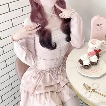 허니뮤우 이모짱 체크 크로스 앙상블 상의