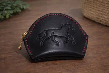 히메지 가죽 말 카빙 코인 케이스 블랙 동전 지갑 핸드메이드