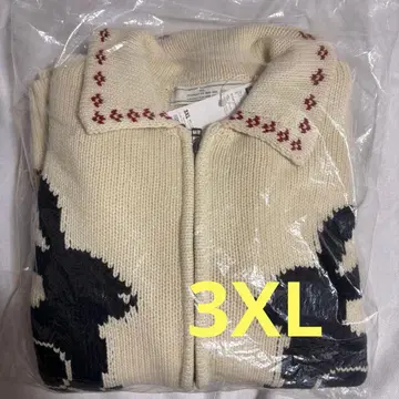 GU x rokh 토끼 패턴 풀 집업 니트 자켓 내추럴 3XL