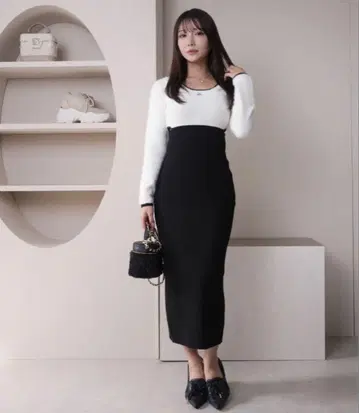 립서비스 lipservice 페더 바이컬러 리브 롱 원피스