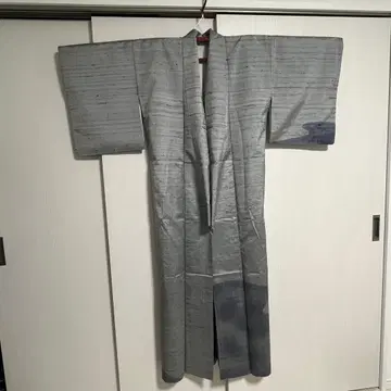 츠무기 순수 실크 츠케사게 기모노 그레이 블루