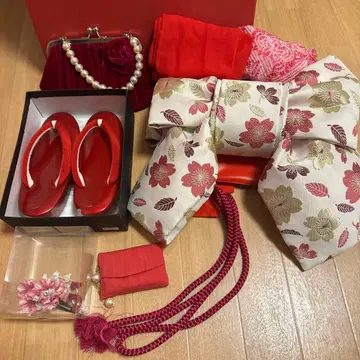 일본 의류용 백 세트 빨간색 일본 나막신 꽃무늬 오비