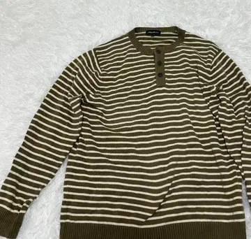 에디 바우어 L 니트 스웨터 면 보더 헨리넥 카키