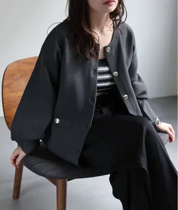 ap retro 노카라 니트 가디건 차콜 그레이