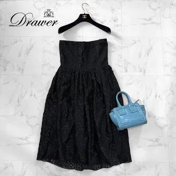 드로어 베어탑 미니 드레스 원피스 라메 레이스 블랙 실크