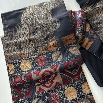 순수 실크 나고야 오비 독수리와 꽃 무늬 검붉은 금색