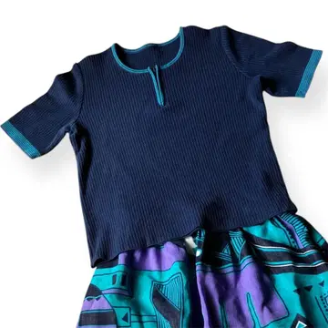 레트로 반팔 리브 니트 바이컬러 네이비 x 터콰이즈 일본제