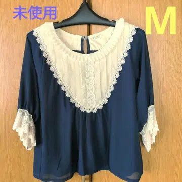 [ 미사용 ] 엑시즈팜 7부 소매 상의 네이비 레이스 쉬폰 M
