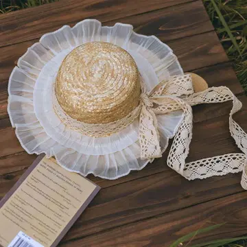 레이스 장식 밀짚모자 와이드 챙 리본 내추럴 여성용 여름