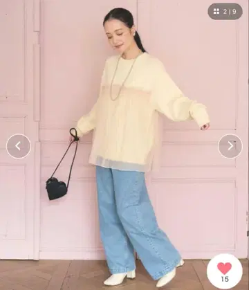 프릭스스토어 크림색 니트 쉬폰 상의 튤 니트