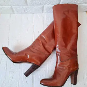 브라운 가죽 롱 부츠 하이힐 23.5cm