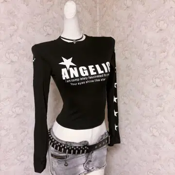 헤이세이 갸루 별 패턴 영문 프린트 블랙 긴팔 T셔츠 펑크