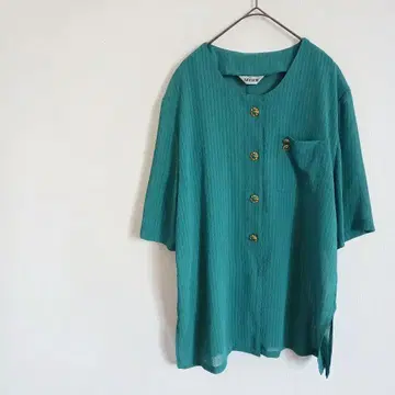 일본제 빈티지 노카라 반팔 시어 블라우스 쇼와 레트로 터콰이즈 컬러