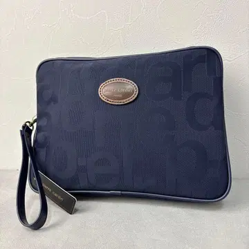 미사용품 피에르 가르뎅 클러치백 파우치 캔버스 가죽 네이비
