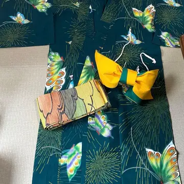 레트로 유카타 그린 컬러 나비 무늬 유카타 오비 세트