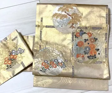 나고야 오비 순수 실크 니시진 비단 인박 금실 중고 꽃 멋짐 tj131