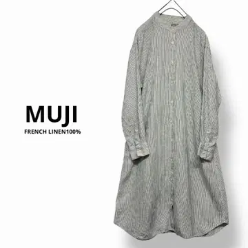 MUJI 스탠드 카라 스트라이프 원피스 프렌치 린넨 원피스 린넨 S