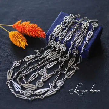 프랑스 앤티크 순은 실버 필리그리 롱 목걸이/반지 다이아