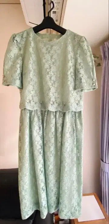 빈티지 민트 그린 레이스 반팔 원피스